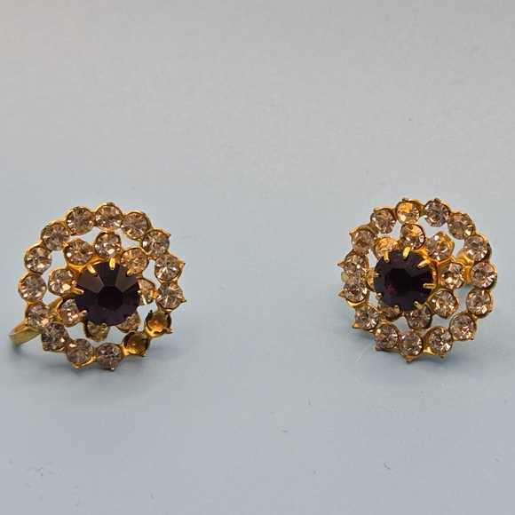 Vintage Gold and Purple Floral Earrings - Picture 1 of 1